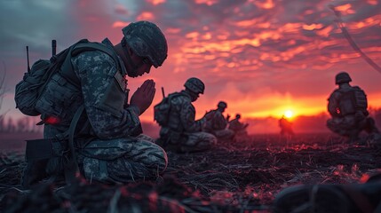 Soldiers pray to God on knees.	