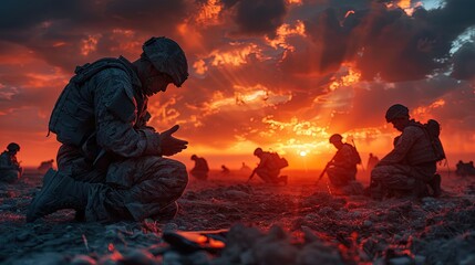 Soldiers pray to God on knees.	 - obrazy, fototapety, plakaty