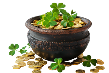 A black pot full of gold coins and shamrocks isolated on a transparent background