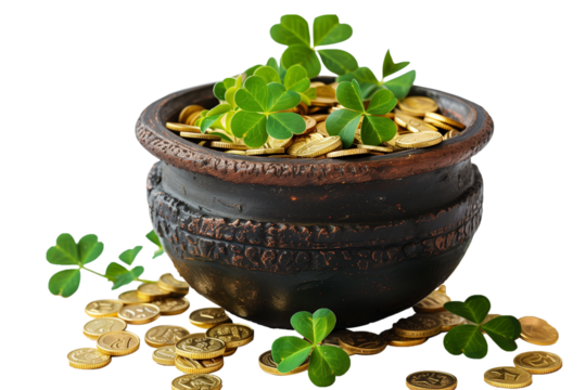 A black pot full of gold coins and shamrocks isolated on a transparent background
