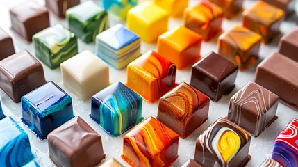 Keuken spatwand met foto Hand-painted chocolate canvases, colors vibrant, against the artisanal elegance of Toronto's Soma Chocolatemaker, where art meets taste © weerasak