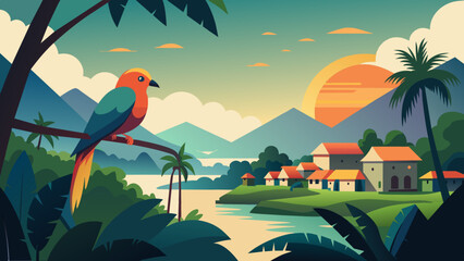tropical island with birds - obrazy, fototapety, plakaty