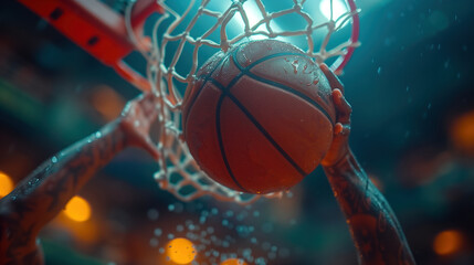 basketball ball in a net close up on the street - obrazy, fototapety, plakaty