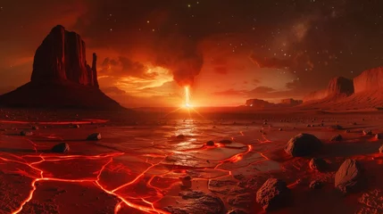 Zelfklevend Fotobehang fiery lava on scorched earth landscape © Olexandr