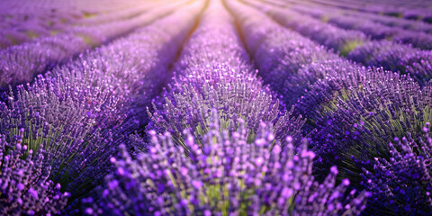 Sunbeams pierce through the rows of lavender, lighting up the dewy flowers - obrazy, fototapety, plakaty