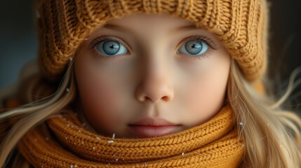 portrait of a cute child girl, in a knitted hat and scarf