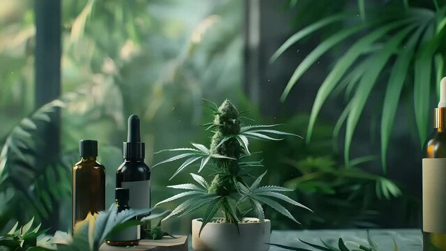 Explore the therapeutic potential of CBD cannabis through glass jars containing oils and medicines derived from marijuana. 3D animation brings this to life.