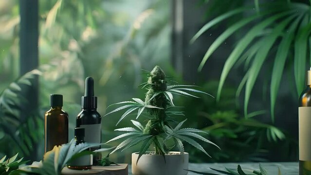 Explore the therapeutic potential of CBD cannabis through glass jars containing oils and medicines derived from marijuana. 3D animation brings this to life.
