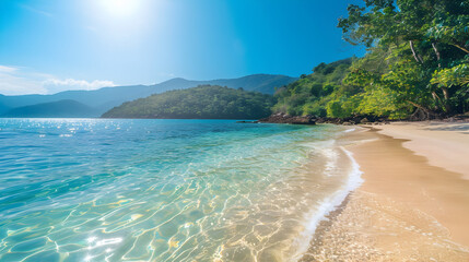 Obraz premium Tropical beach cove with crystal clear water and lush greenery.
