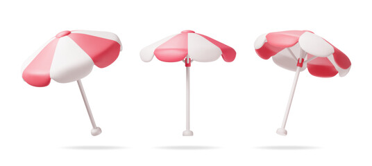 3d Set of Red Beach Umbrella Isolated on White. Render Sun Shade Parasol Collection. Concept of Summer Holiday, Time to Travel. Beach Tanning Umbrella. Vector Illustration