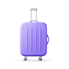3D Blue Travel Suitcase Isolated on White. Render Plastic Bag. Travel or Journey Concept. Plastic Case. Trolley on Wheels. Travel Baggage and Luggage. Realistic Vector Illustration