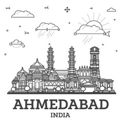 Outline Ahmedabad India City Skyline with Historic Buildings Isolated on White. Ahmedabad Cityscape with Landmarks.