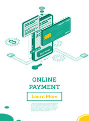 Online Outline Payment with Mobile Phone Isometric Illustration Concept. Online shopping. Internet Banking. Modern Design Concept of Web Page Design. Online Security Transaction.