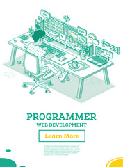 Programmer. Frontend or Backend Developer Sit on Chair with Wheels in Front of Two Monitors with Code. Html, Css, Php, C++ Programming Code. Creating a Web Layout or App Template. UI UX Interface.