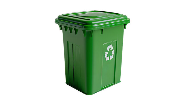 A green trash can with a recycling symbol on it