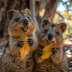 Fototapeta premium Two cute little animals holding up leaves in their mouths. Generative AI.