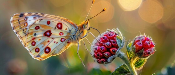 A butterfly is sitting on a flower with red spots. Generative AI.