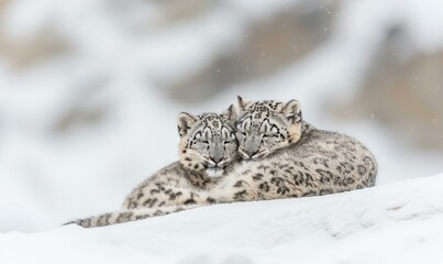 Obraz premium Two snow leopards cuddling in the snowy mountains. Generative AI.