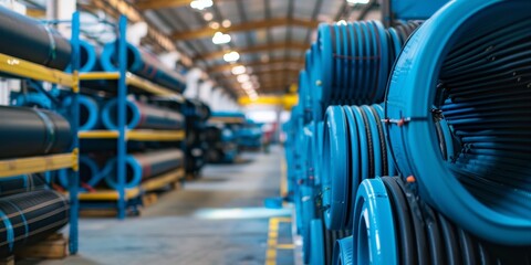 A warehouse with blue pipes stacked on shelves - obrazy, fototapety, plakaty