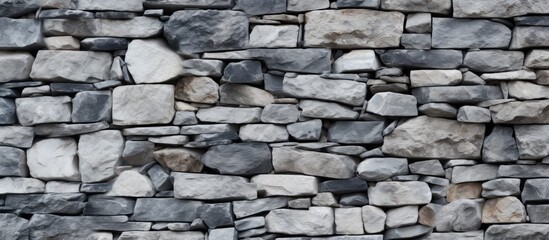 Fototapeta premium A detailed closeup of a rectangular stone wall built with a variety of rocks and cobblestones, showcasing a unique composite material pattern