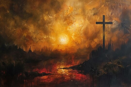 An oil painting interpretation of the sunrise at Golgoth