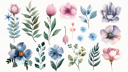 Watercolour floral illustration set. DIY blush pink blue flower, green leaves individual elements collection - for bouquets, wreaths, wedding invitations, anniversary, birthday, postcards, 