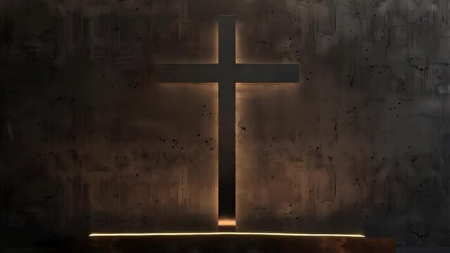 An airy view of a religious space with an open layout featuring a prominent Jesus Christ cross. Embraces Christianity, religion, and abstract concepts. Animated in 3D.