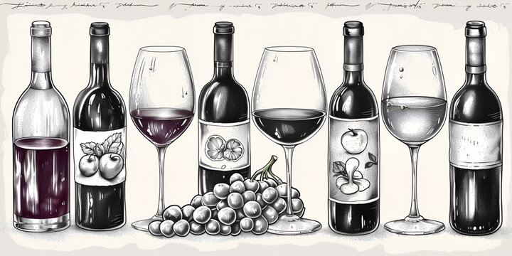 Wine stuff illustration drawing engraving ink line art. generative ai 