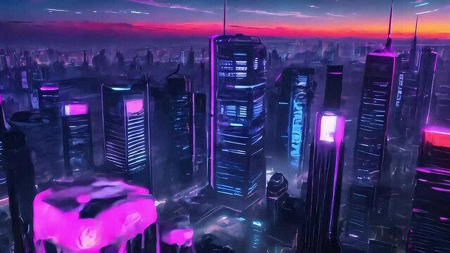 aerial drone view of 3d animation the city with neon futuristic cyberpunk light effects in the night.