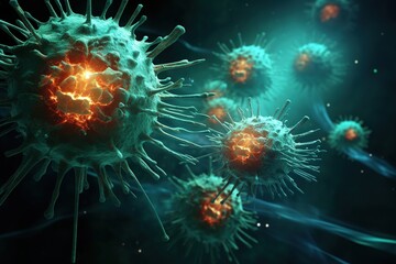 A variety of viruses that attack a healthy human body every day, viruses of various diseases in the body. artificial generation of macro virus cells. The concept of medical technologies. - obrazy, fototapety, plakaty
