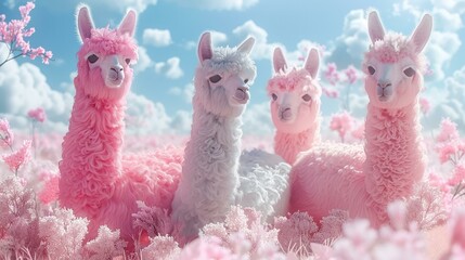 Naklejka premium Adorable 3D-rendered pastel llamas in a field ideal for