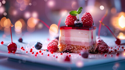 Raspberry Layered Dessert with Glaze and Mint - obrazy, fototapety, plakaty