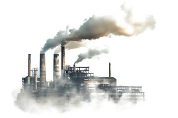 Factory with chimneys billowing in the air isolated on a transparent background