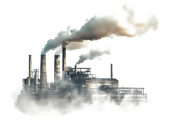 Factory with chimneys billowing in the air isolated on a transparent background