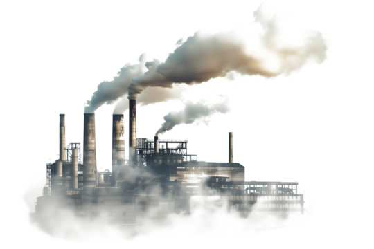 Factory with chimneys billowing in the air isolated on a transparent background