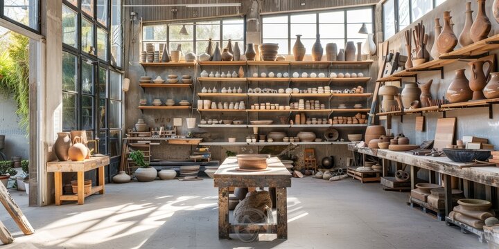 A pottery studio with shelves full of clay pots and vases