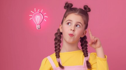 A light pink bulb is burning above the hend of a schoolgirl, a symbol of a new idea, eureka. New knowledge and smart thoughts. On pink empty background