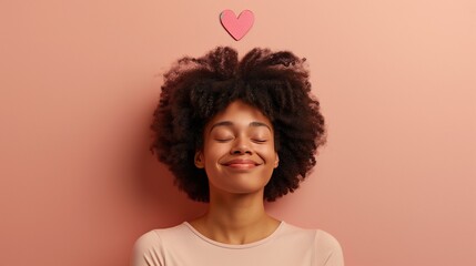 A portrait of young woman in love with pink curls, feels new love and harmony, positivity and a surge of energy, new romance. Pink Background with heart under head - obrazy, fototapety, plakaty