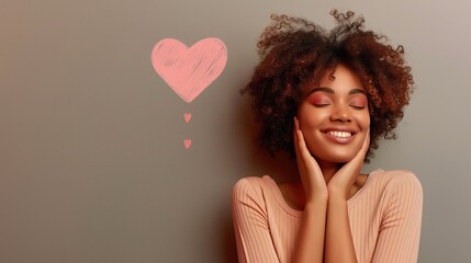 A portrait of young woman in love with pink curls, feels new love and harmony, positivity and a surge of energy, new romance. Grey Background with hearts - obrazy, fototapety, plakaty