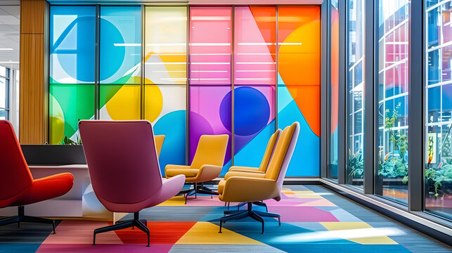 The interior of a stylish corporate recreation area. Modern multicolored office design