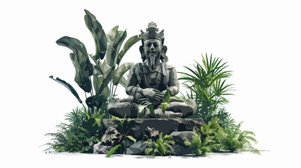 Ancient Statue in the jungle in a 3D animation flat vector