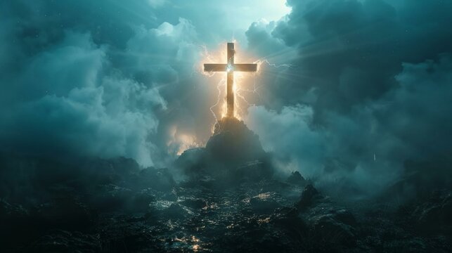 A faith-based podcast thumbnail, featuring Golgotha's cross against the illuminated sky