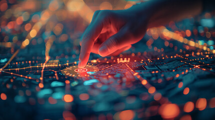 A woman hand is pinching the virtual  map on which there's an arrow sign and location mark of city