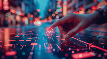A woman hand is pinching the virtual  map on which there's an arrow sign and location mark of city