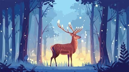 Beautiful deer in the forest with amazing lights  - obrazy, fototapety, plakaty
