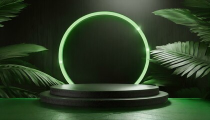 Obraz na płótnie Canvas Forest Essence: Futuristic Dark Green Circle Podium in 3D