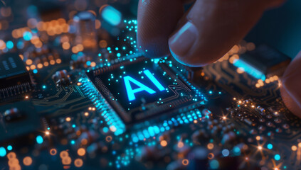 A closeup of the hand holding an integrated circuit chip with emitting blue text "AI" Printed on it, with bokeh lights in the background. 