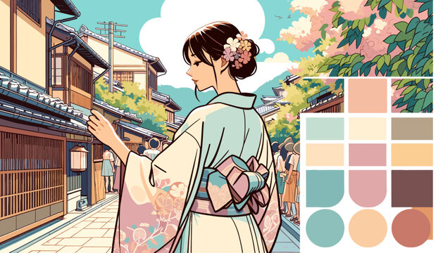 The concept of Kyoto in summer and the image of a woman in a yukata. Vector illustration.