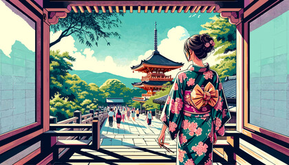 The concept of Kyoto in summer and the image of a woman in a yukata. Vector illustration.