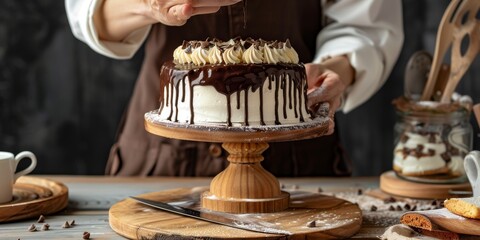 A person is pouring chocolate sauce on a cake